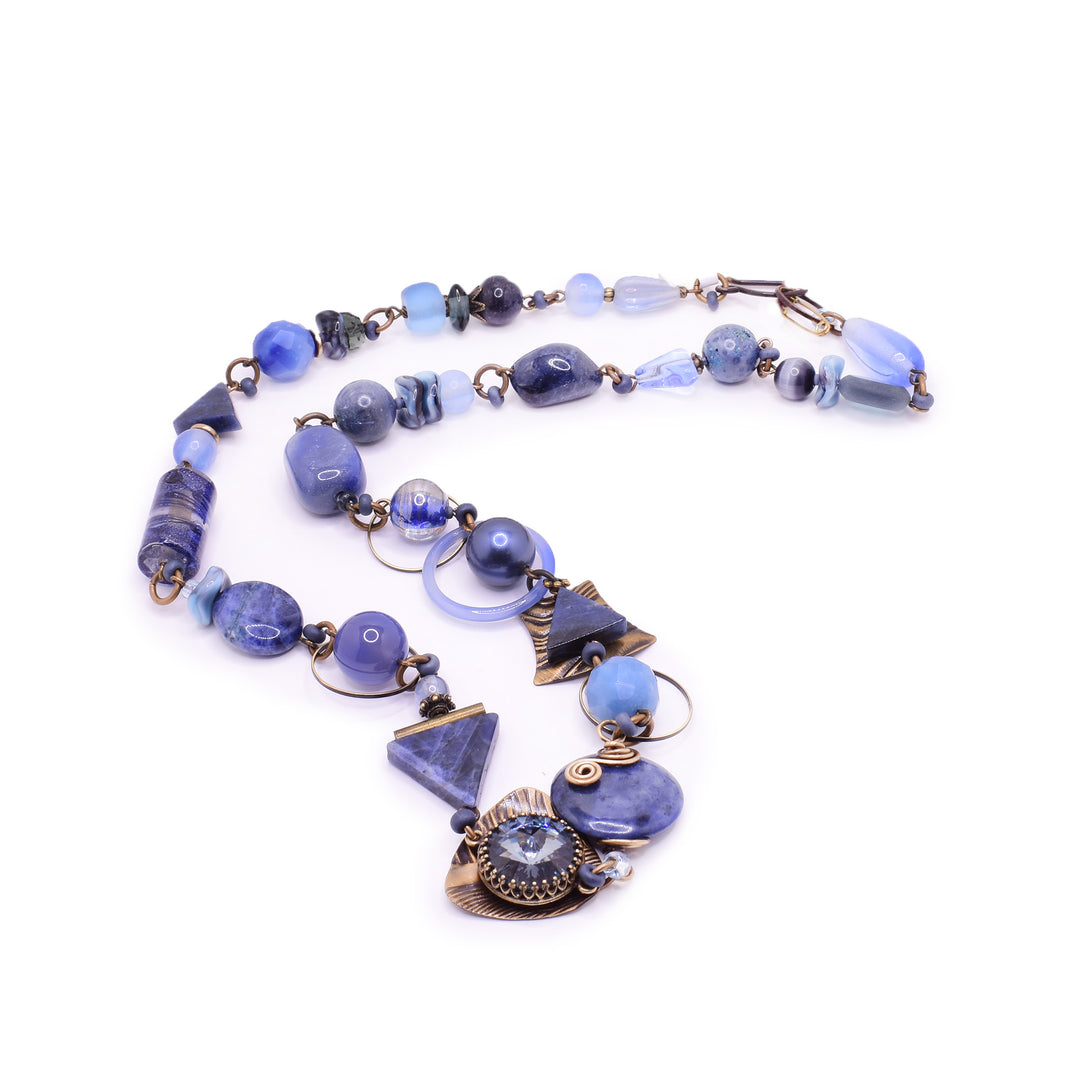 Blue Beaded Brass Necklace