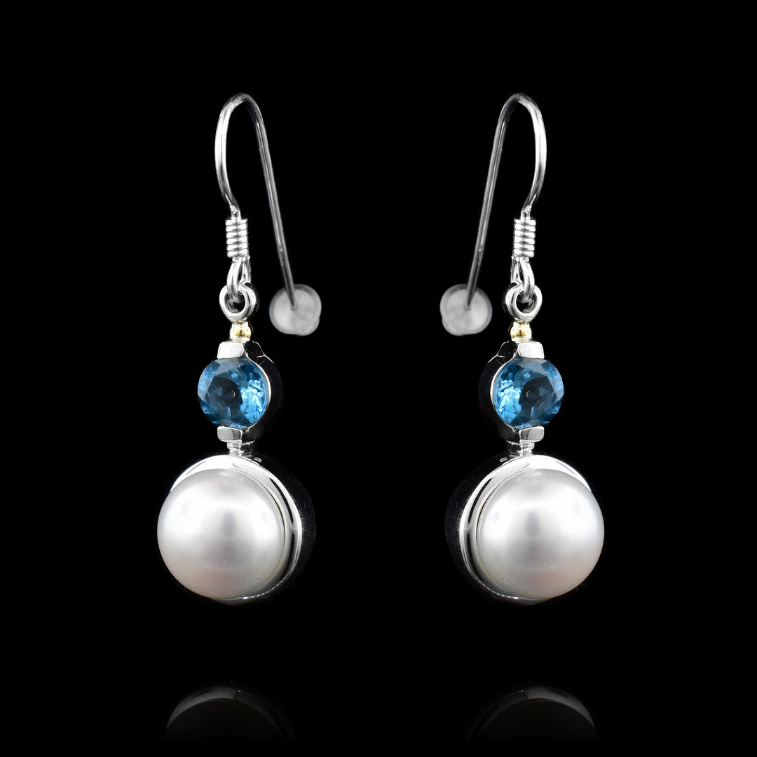 Blue Gemstone and Pearl Dangle Earrings