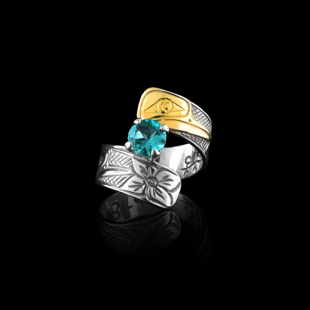 Blue Gemstone with Gold and Silver Hummingbird Wrap Ring