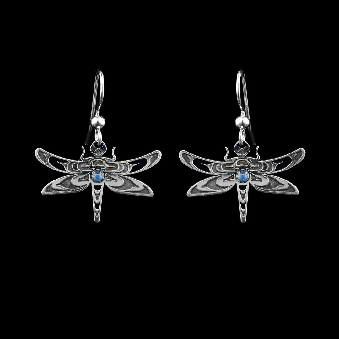 Blue Jade and Sterling Silver Dragonfly Earrings hand crafted by Haida Gwaii artist Gina Mae Schubert. Canadian made.