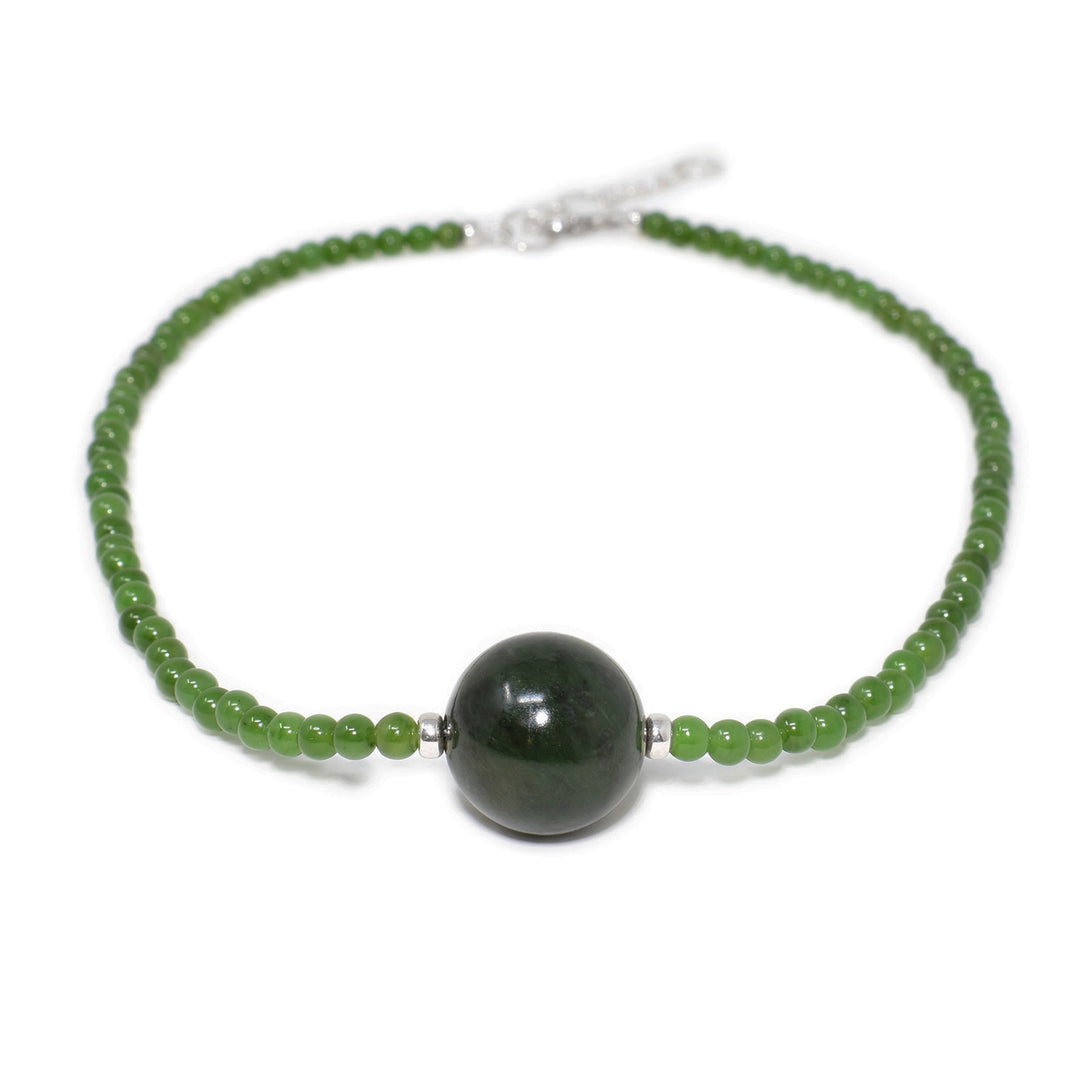 Small, round light green BC jade beads necklace with large, round dark green BC jade bead in center.