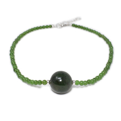 Small, round light green BC jade beads necklace with large, round dark green BC jade bead in center.