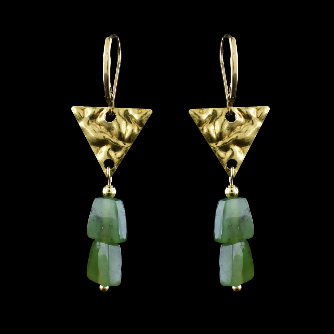 Brass and gold-filled triangle earrings with natural BC jade stones, dangling below is handcrafted artisan jewelry.