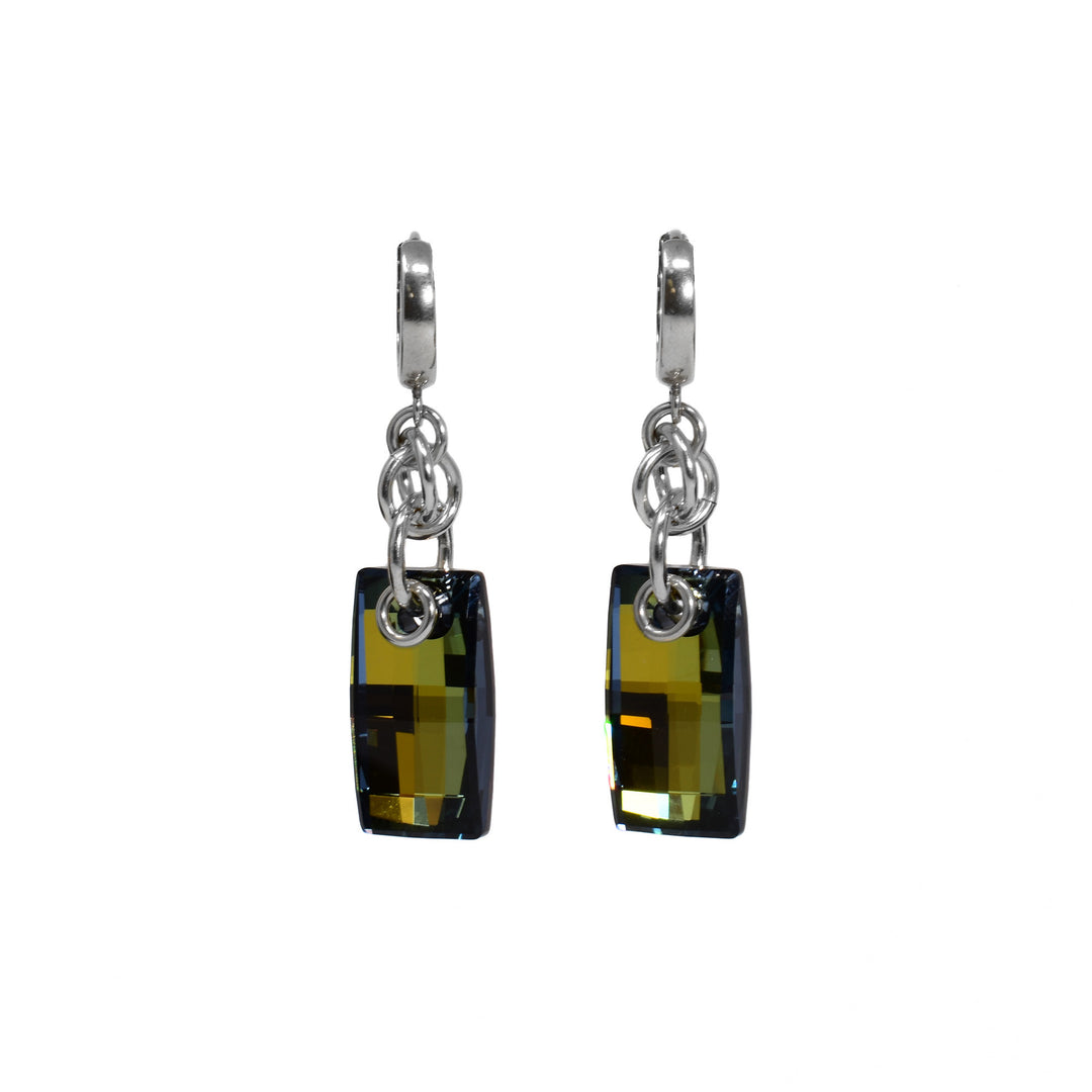 Rectangular bronze Swarovski crystals hang from interlocking silver rings. Earrings have huggie hoops.