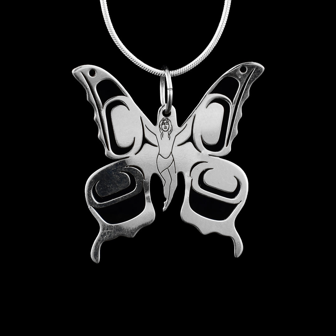 This Grant Pauls Butterfly mini pendant. Hand-carved by the Tahltan artist in sterling silver, this delicate piece features intricate cutouts that bring the beautiful Butterfly design.