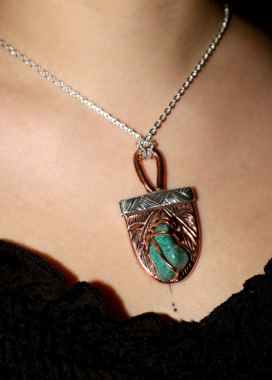 Sterling Silver, Copper and Turquoise Hummingbird Pendant - Artina's Jewellery