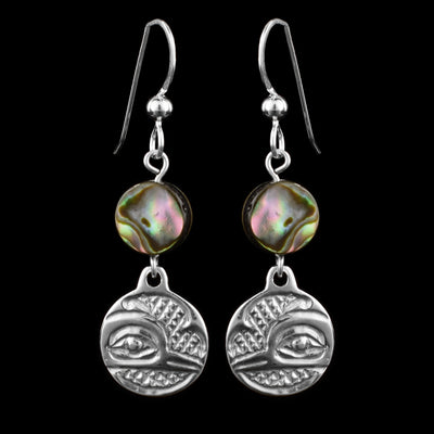 These dangling pearl earrings silver have small, circle hangs made from sterling silver. Below the hooks is a single, round abalone shell charm with the hangs dangling from them. On the hangs, the head of the Hummingbird is shown at a side profile with its narrow beak and eye detailed. There are cross hatching designs in the background of the portrait.