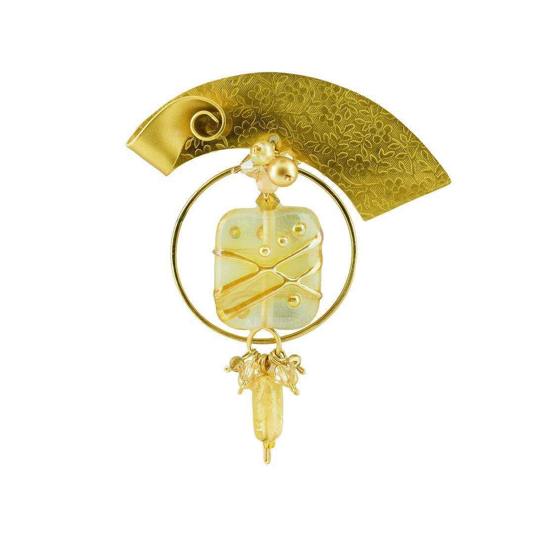 Champagne Cream Brooch - She has used various materials such as citrine, swarovski crystals, fresh water pearls and gold filled wire along with gold fill wire to hold it all together.