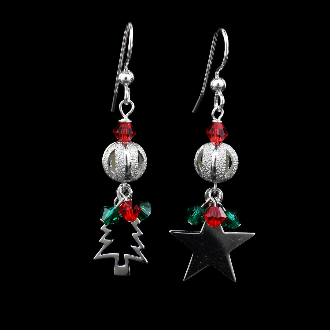 Christmas Tree and Star Holiday Earrings, made with sterling silver these dangle earrings are festive with red and green beading dangling from the christmas tree and star.