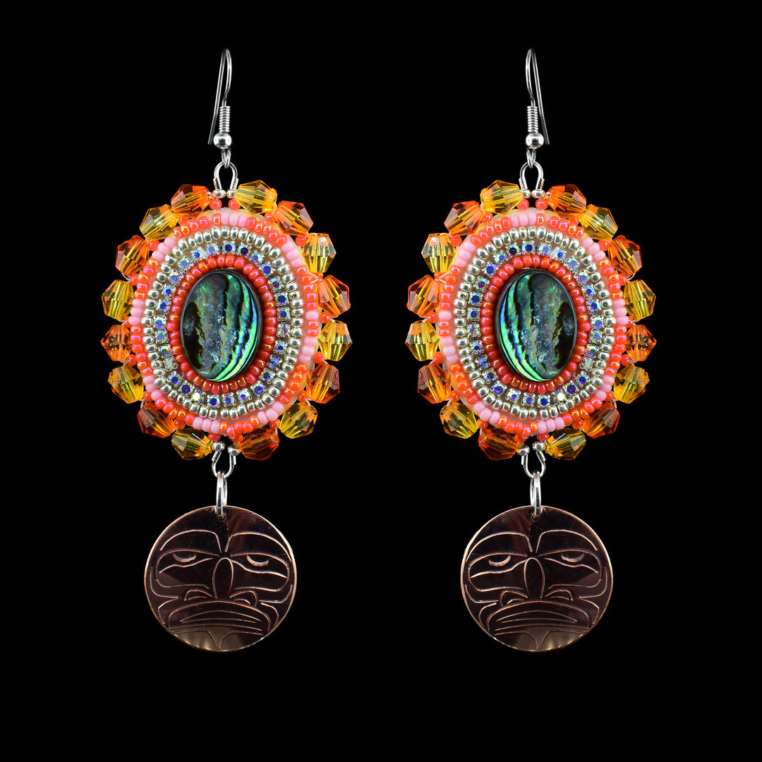 Circular red, yellow, orange Beaded copper Moon legend dangling earrings & Abalone shells in the middle.