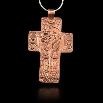 Large copper eagle cross pendant, hand-carved by Kwakwaka’wakw artist Cristiano Bruno.