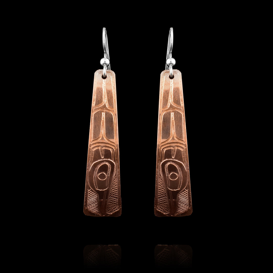 Copper Hummingbird Triangle Earrings - The Hummingbird legend is carved onto the surface with the head facing downward and wings reaching up towards the hooks.