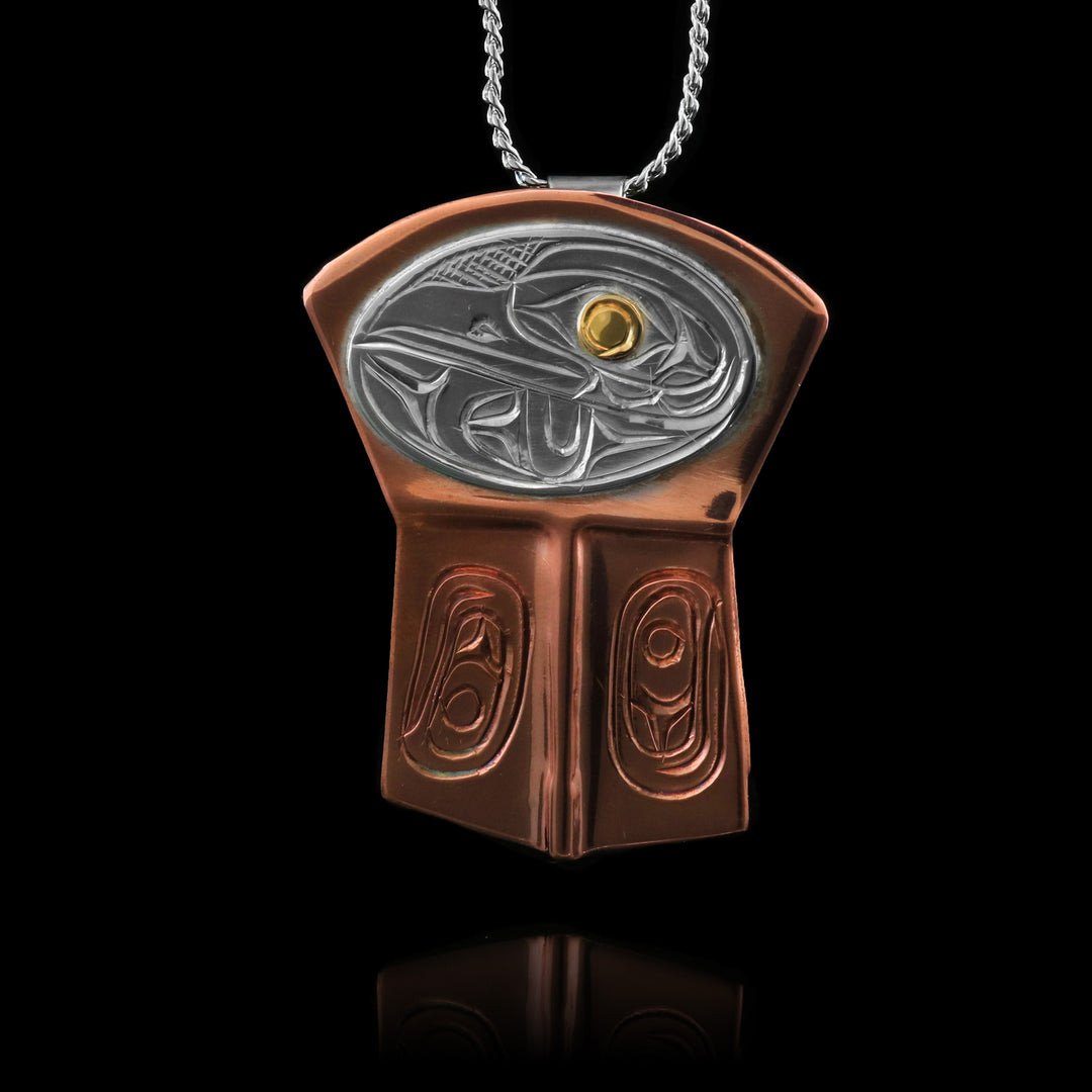 Copper Shield Raven Frog Pendant with Sterling Silver and 14k Gold