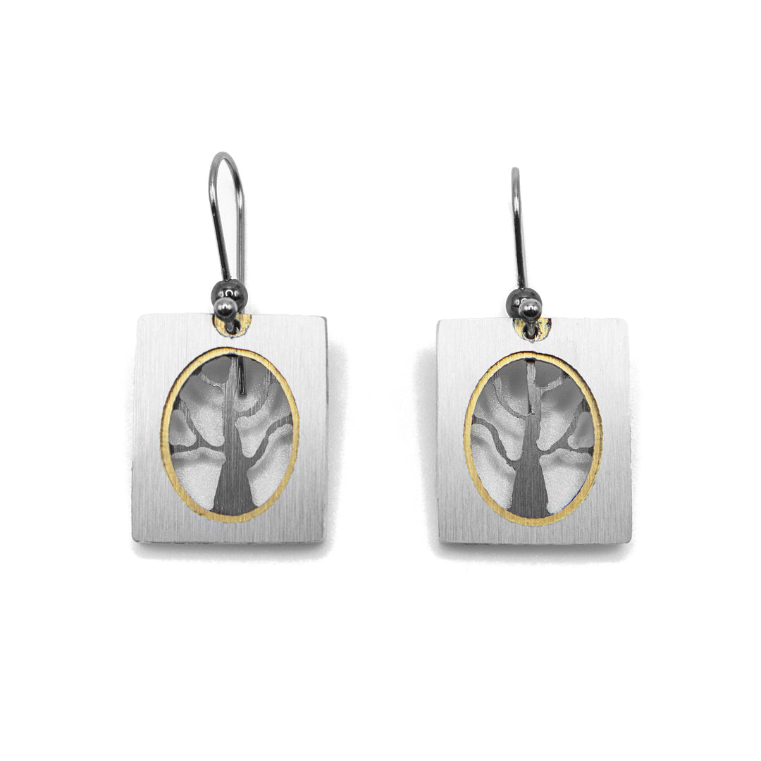 Dainty brushed and anodized aluminum tree earrings. Stainless steel hooks. Minimalist design. By JR Franco.