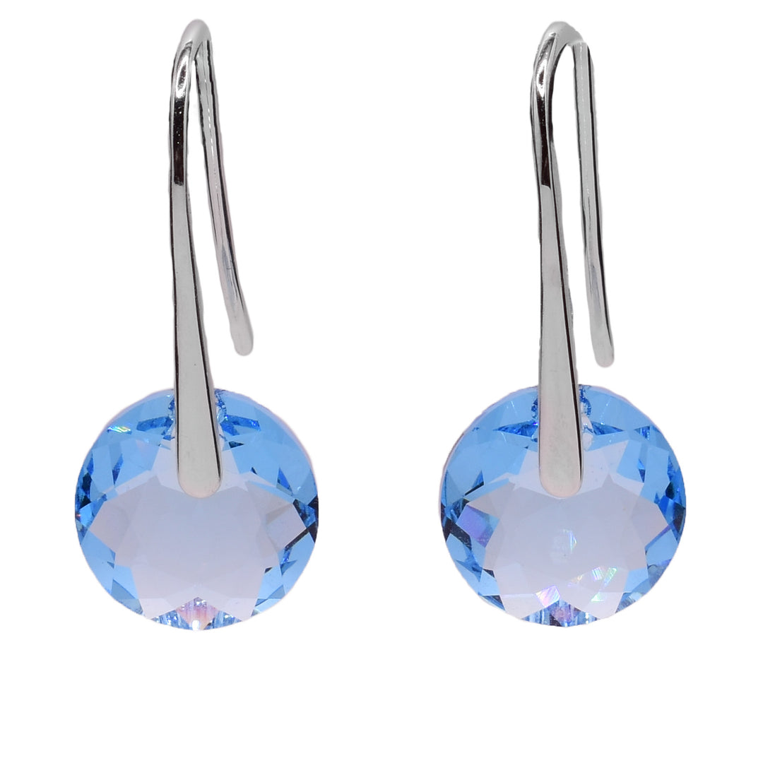 These Swarovski crystal earrings feature round aquamarine Swarovski crystals with sterling silver hooks.