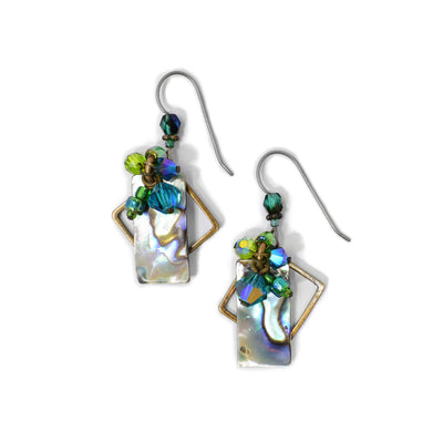 Abalone rectangles dangle in front of diamond-shaped brass frame adornments. Cluster of glass and Swarovski crystal beads on top. Titanium ear hooks.