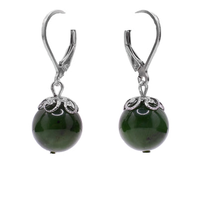 Round BC jade beads with lacy stainless steel adornments on top and solid sterling silver hooks. Handcrafted by an in-house artisan.
