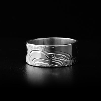 Sterling silver ring with hand-carved eagle head and background designs. By Kwakwaka’wakw artist Cristiano Bruno.