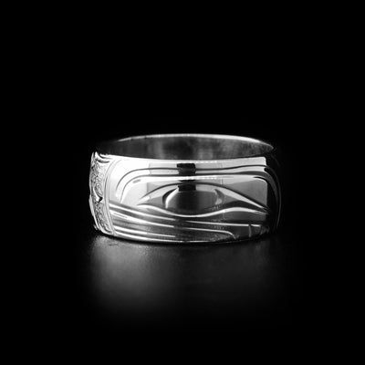 Sterling silver ring with hand-carved orca head and background designs. By Kwakwaka’wakw artist Cristiano Bruno.