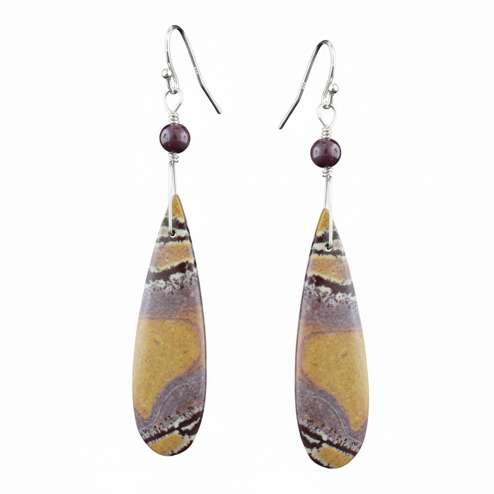 Handcrafted Mookaite Jasper earrings in sterling silver. Featuring oval shape unique earthy tones of red, yellow, and cream, these Australian gemstone dangles are a one-of-a-kind addition to any jewelry collection. Shop natural artisan jewelry.