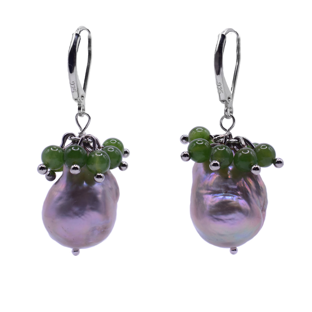 These jade earrings with baroque pearl  are crafted from sterling silver and feature a cluster of BC Jade beads atop a baroque pearl.
