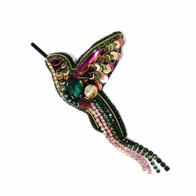 Large, beaded hummingbird brooch with crystals and sequins in pinks, greens and yellows. By Ukrainian guest artist Zarmilka.