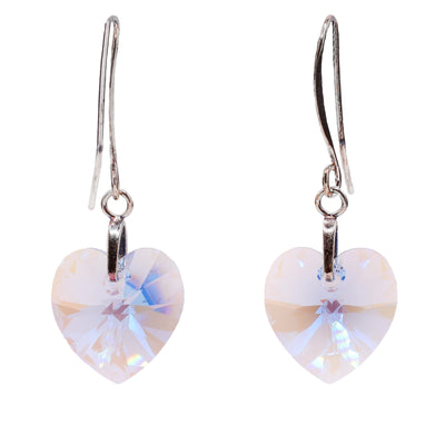 These sterling silver earrings have hooks that have iredescent Swarovski crystal hangs on them. The hangs are heart-shaped