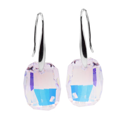 These aurora borealis earrings have large, oval shaped aurora borealis Swarovski crystals that are set of long, sterling silver pinch hooks.