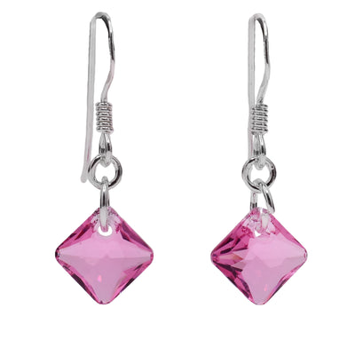 These Earrings have hooks and diamond-shaped crystal hangs that are light pink.