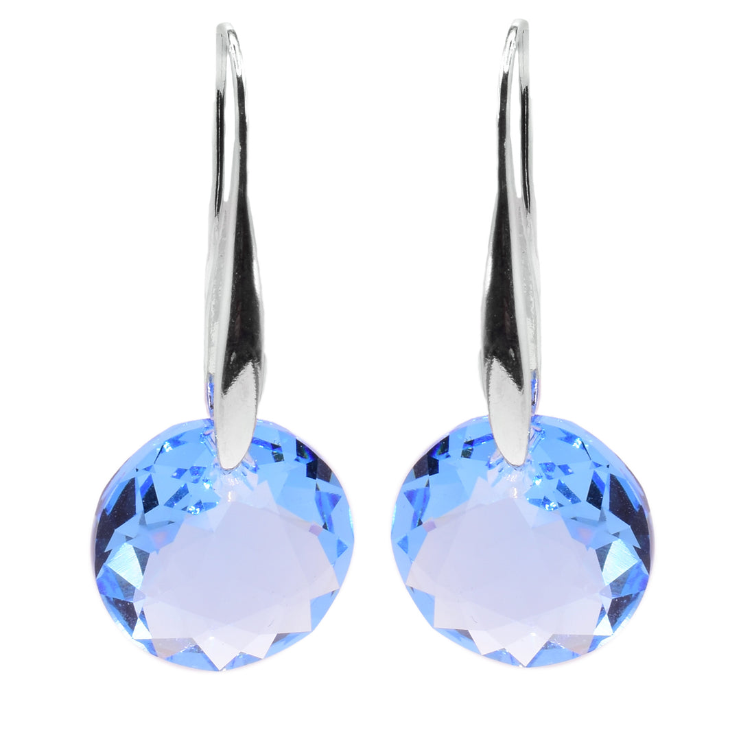 These aquamarine Swarovski crystal drop earrings have circle shaped, crystal hangs that drop down from long, sterling silver hooks.