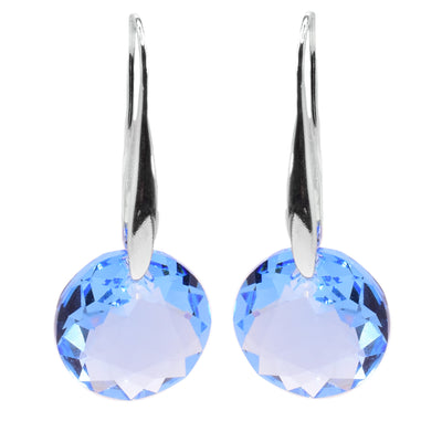 These aquamarine Swarovski crystal drop earrings have circle shaped, crystal hangs that drop down from long, sterling silver hooks.