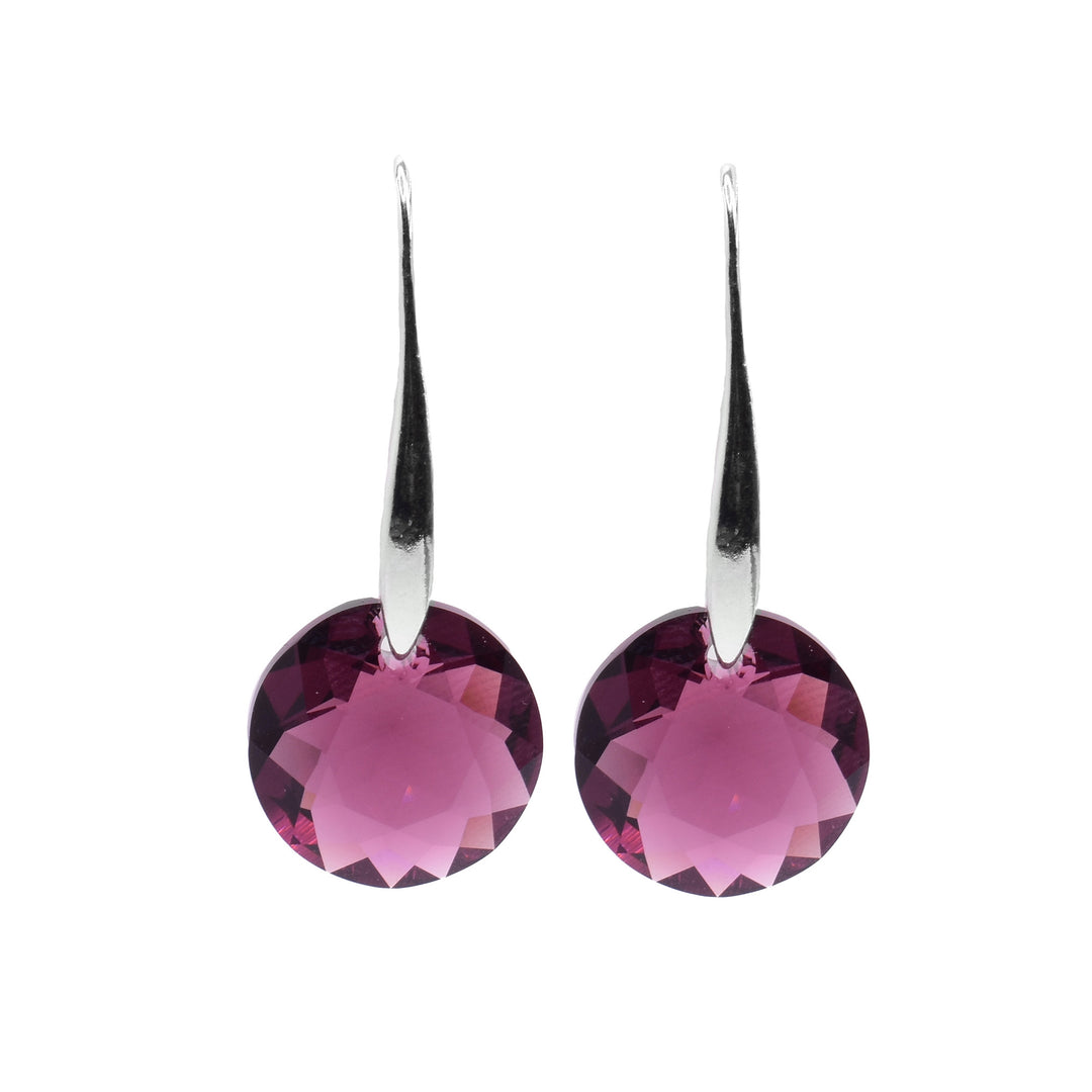 These amethyst Swarovski crystal drop earrings have circle shaped, crystal hangs that drop down from long, sterling silver hooks.