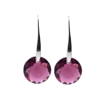 These amethyst Swarovski crystal drop earrings have circle shaped, crystal hangs that drop down from long, sterling silver hooks.