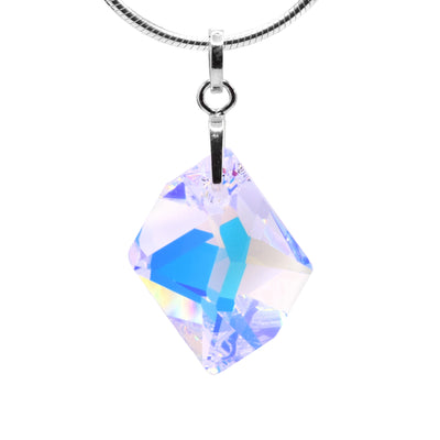 This chunky, aurora borealis pendant is made from a square shaped Swarovski crystal. The crystal is held by a corner with a long, sterling silver jump ring.