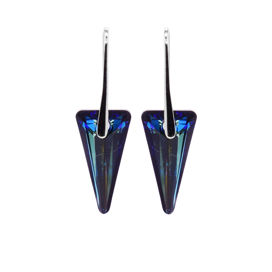 These Swarovski crystal drop earrings has Bermuda blue crystal hangs that are shaped like upside down triangles and are long. The crystal hangs dangle from long, sterling silver hooks that are linked through the tops of them.