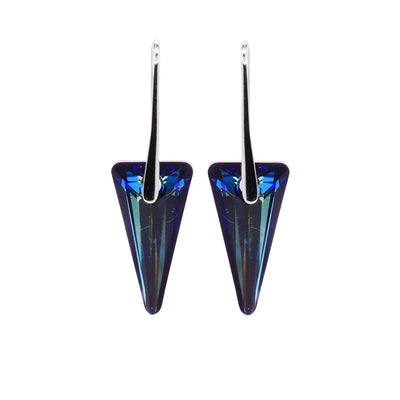 These Swarovski crystal drop earrings has Bermuda blue crystal hangs that are shaped like upside down triangles and are long. The crystal hangs dangle from long, sterling silver hooks that are linked through the tops of them.