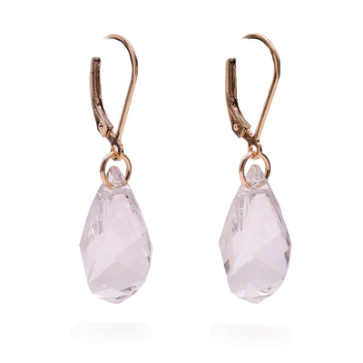 These crystal earrings have large hooks made from sterling silver and gold fill. Attached to the hooks are teardrop shaped, silvershade Swarovski crystals.