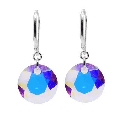 These Aurora Borealis earrings have sterling silver, lever back hooks and circle shaped, Aurora Borealis Swarovski crystal hangs that dangle from silver links.