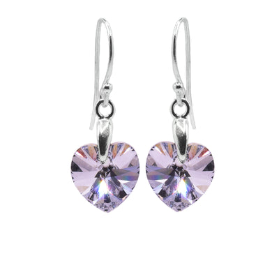 These xillion comet Swarovski crystal drop earrings have heart shaped crystal hangs that dangle from long, sterling silver hooks.