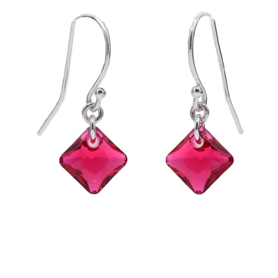 These dangle crystal earrings have sterling silver hooks with diamond shaped pink Swarovski crystal dangles. 