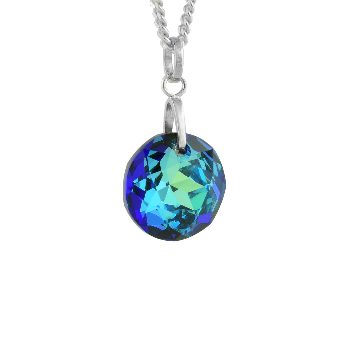 Deep Blue Circular Cut Crystal Pendant with sterling silver bail on top.