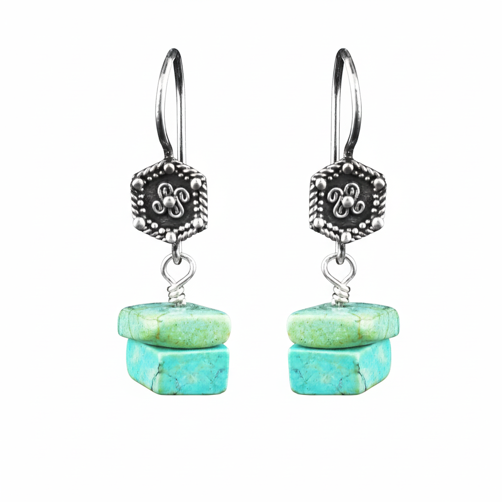 Detailed Sterling Silver Turquoise Dangle Earrings 