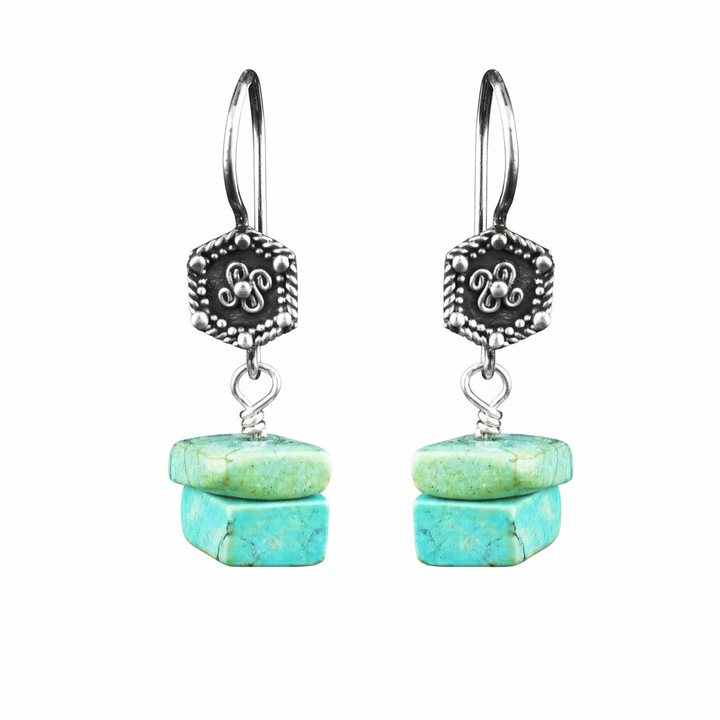 Detailed Sterling Silver Turquoise Dangle Earrings 