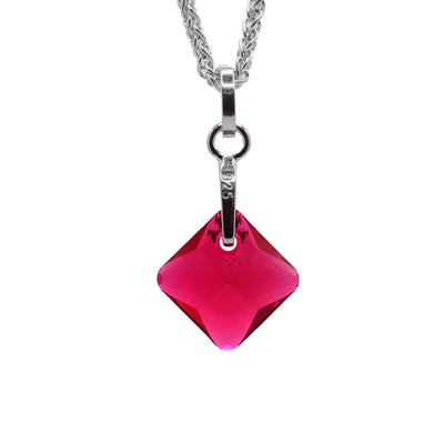 This Swarovski crystal pendant features a red diamond shaped Swarovski crystal with a silver bail.