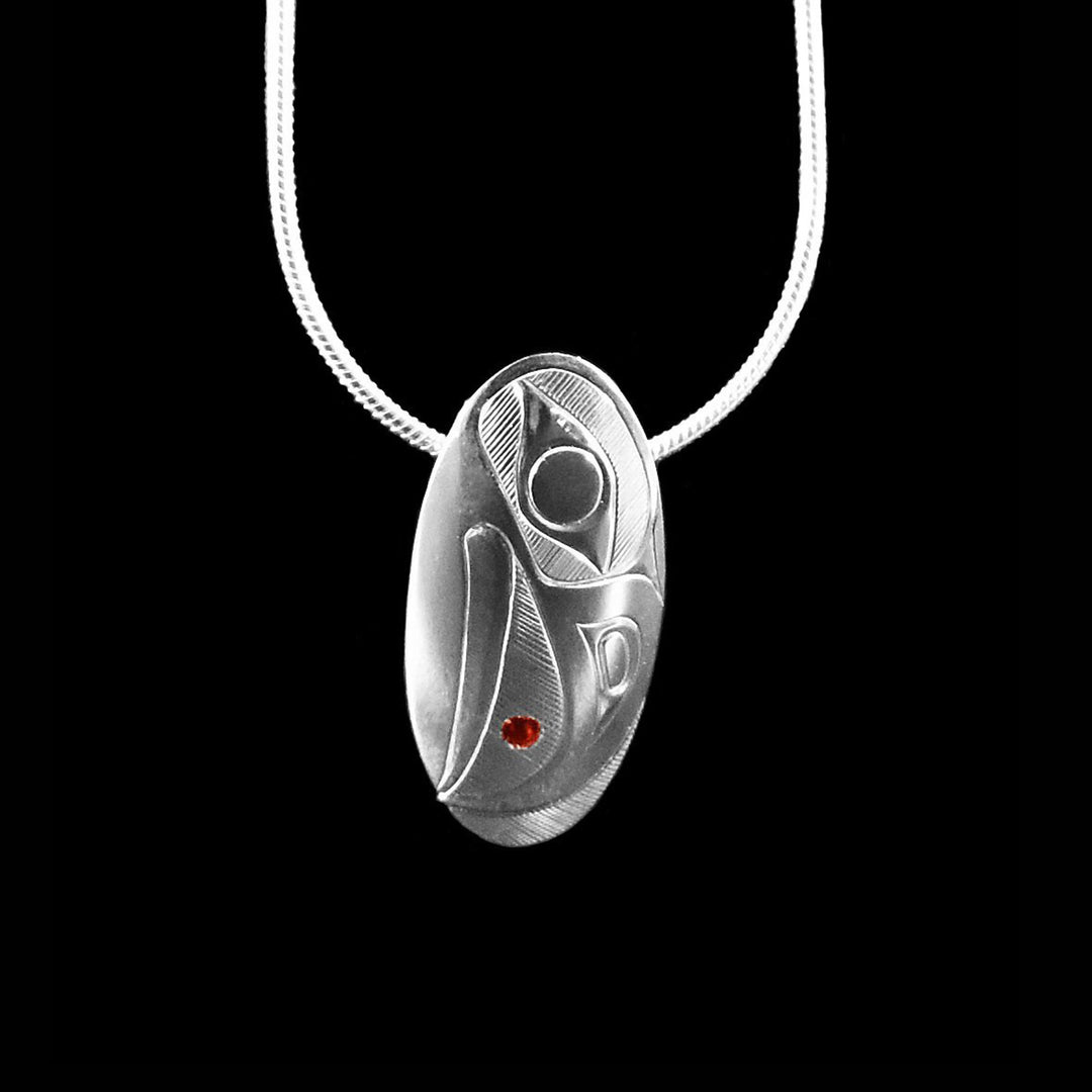 Domed Oval Raven Pendant with Garnet