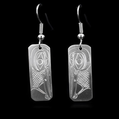 These sterling silver dangle earrings have rectangular hangs with the Hummingbird carved into them.