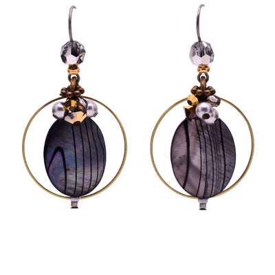 Dangle earrings made of Austrian crystal, handworked brass, glass and dyed shell. Titanium hooks. By Honica.
