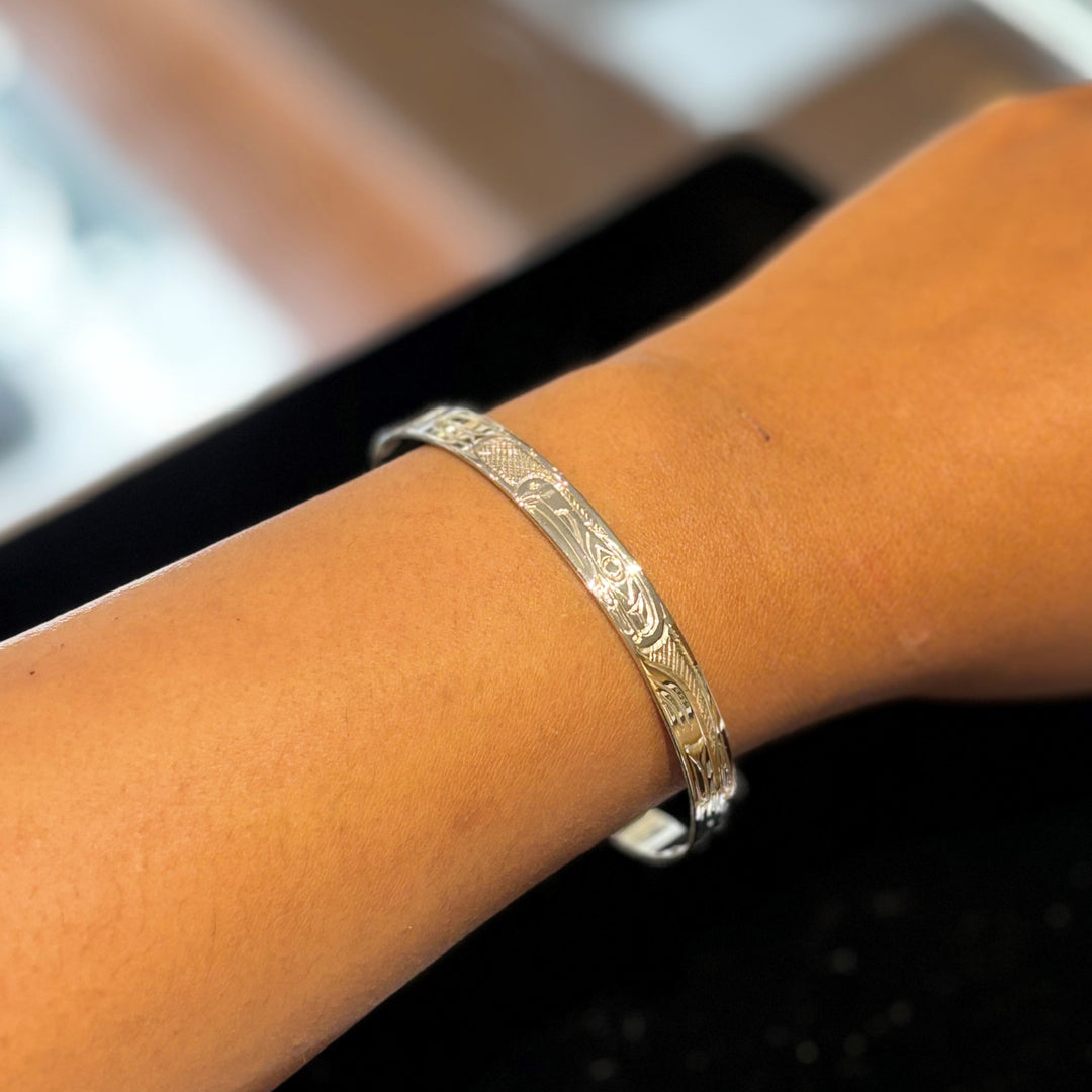 This image shows the eagle bracelet on a female wrist.