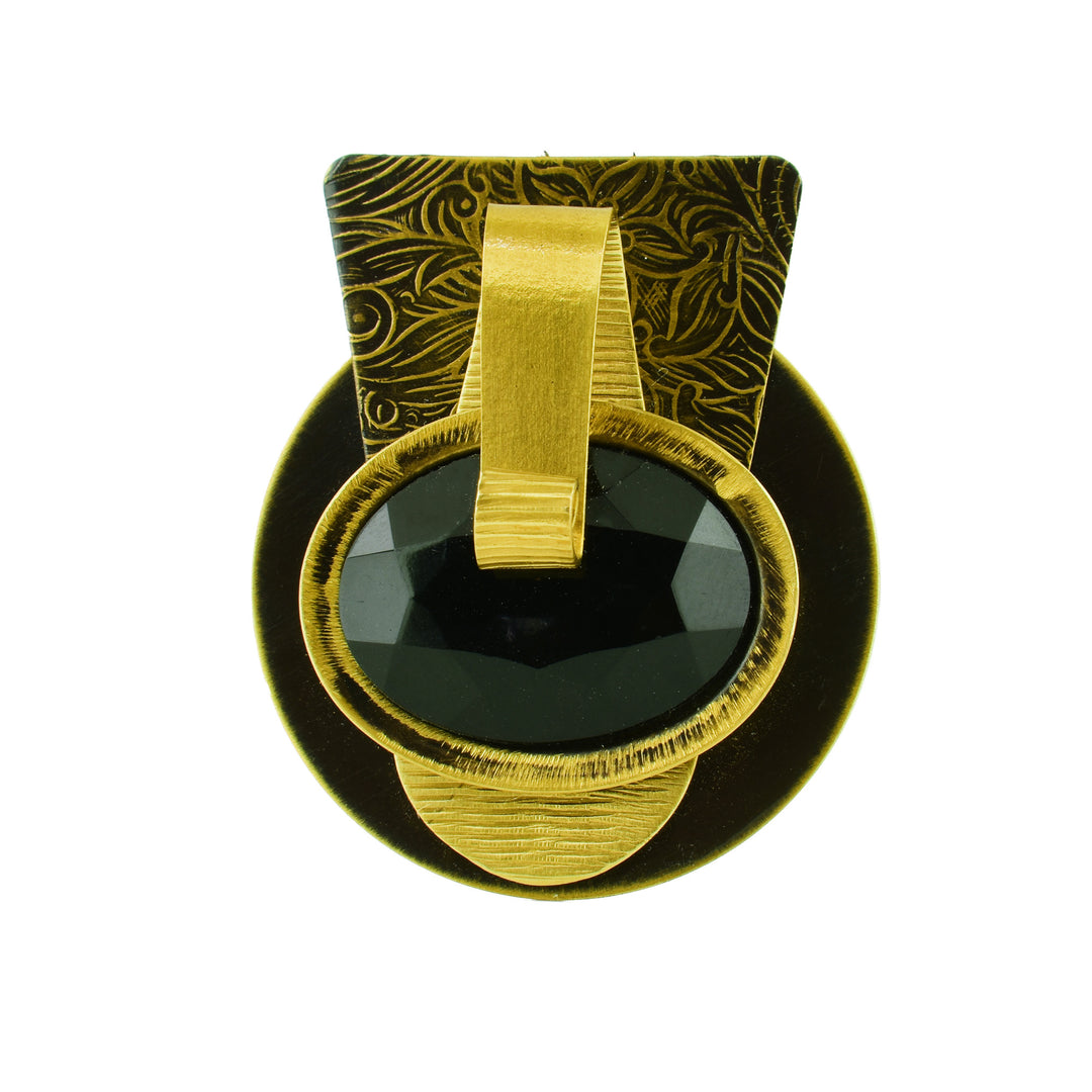 Earthly Treasure Brass Brooch - circular brass then lays a textured triangle of brass  and in the middle a oval black stone.