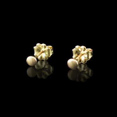These 14K gold filled stud earrings have very small, circle studs. The studs are made from the gold filled material and there are flower shaped earring backs.